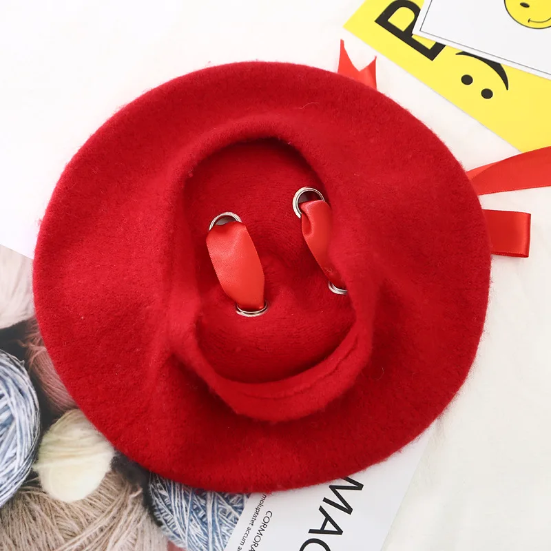Hot Sale VISROVER New Sweet Cute Berets Women Winter Hats aron color Ribbon Woolen Lolita Beret classical Soft Straps Cross Bow_voghion.com