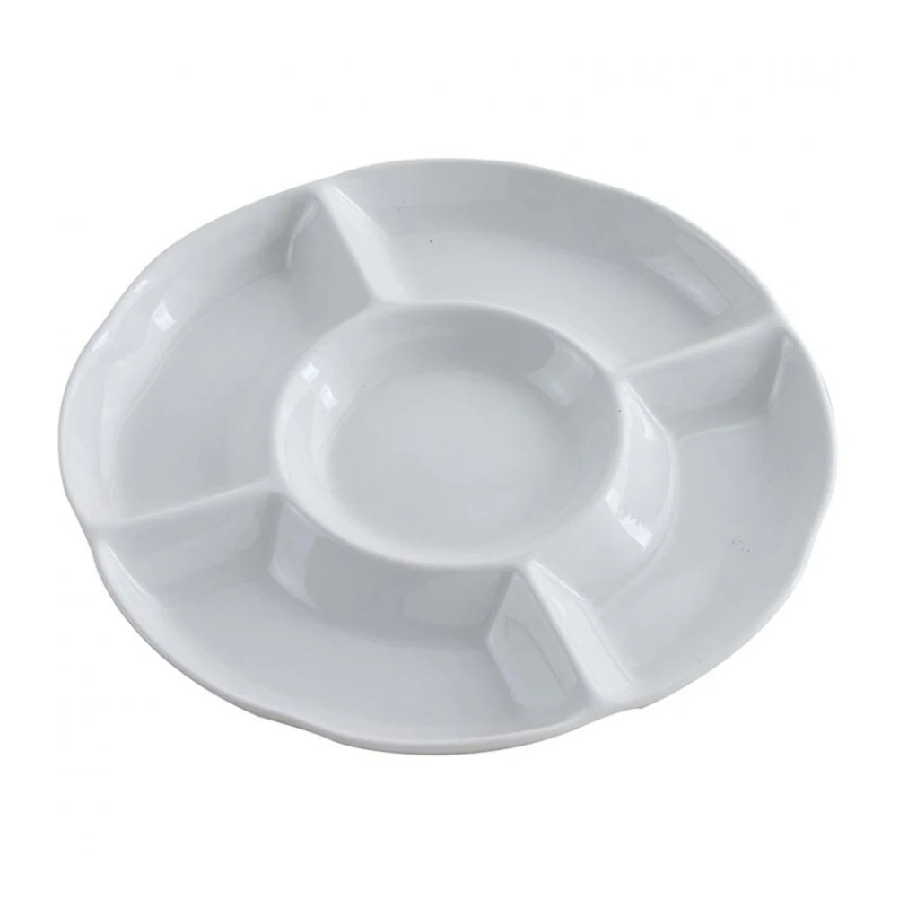 

1 pc Food Tray Imitative Ceramic Round 5-Compartment Dried Fruit Plate Appetizer Serving Platter for Nuts