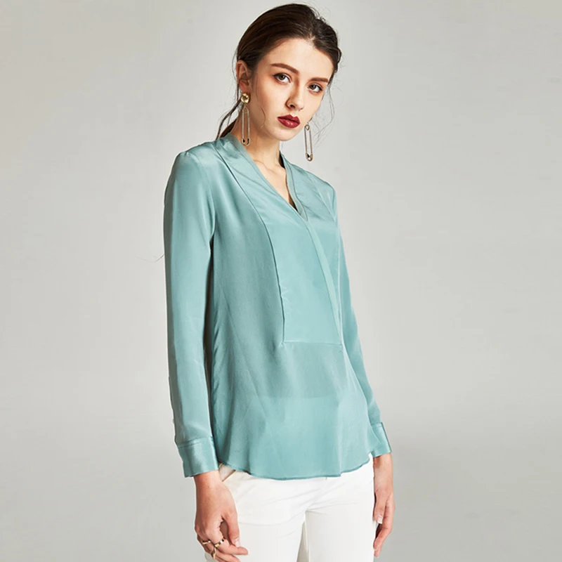  100% Silk Blouse Women Shirt Graceful Style Mint Color V Neck Long Sleeve Simple Design Office Top 