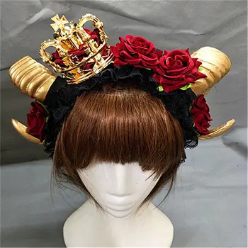 

New Gothic Lolita The veil Demon Evil Cosplay Sheep horn Rose Flowers Headband Hairband Accessory Headwear Halloween Prop