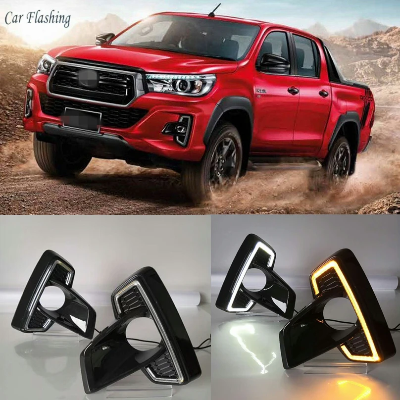 

Car Flashing 1Set LED For Toyota Hilux Revo Rocco 2018 2019 LED DRL Daytime Running Light Daylight With Yellow Turn Signal lamp