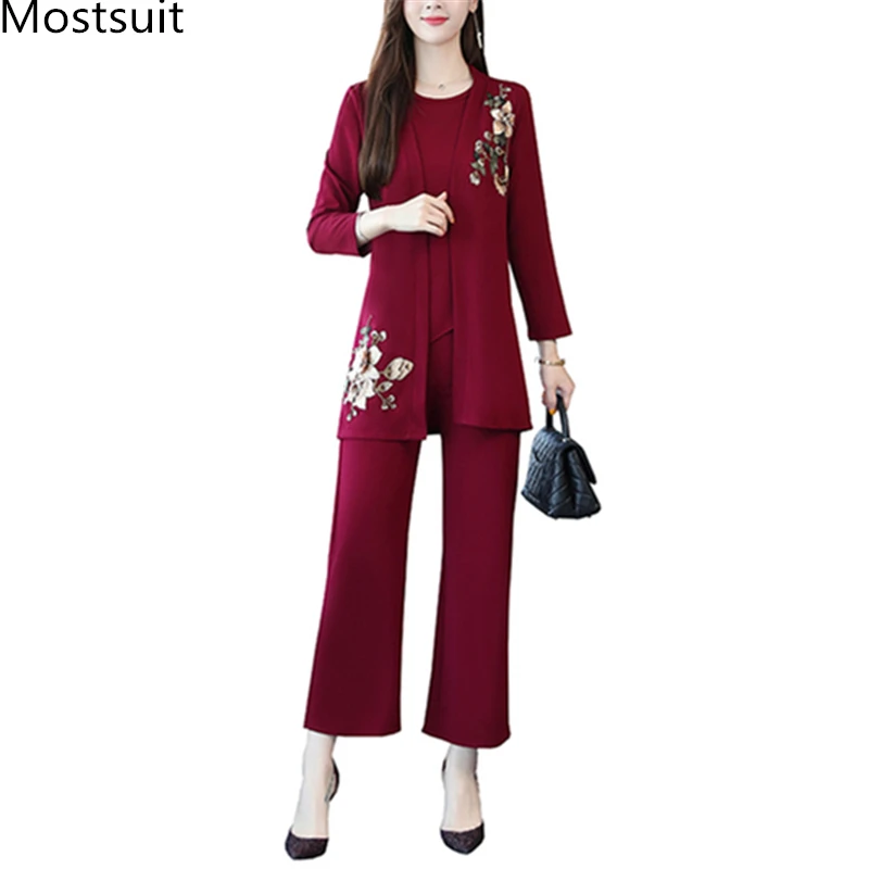 

2019 Autumn Embroidery 3 Piece Sets Outfits Women Plus Size Vest+cardigan+pants Suits Elegant Korean Office Sets Black Wine Red