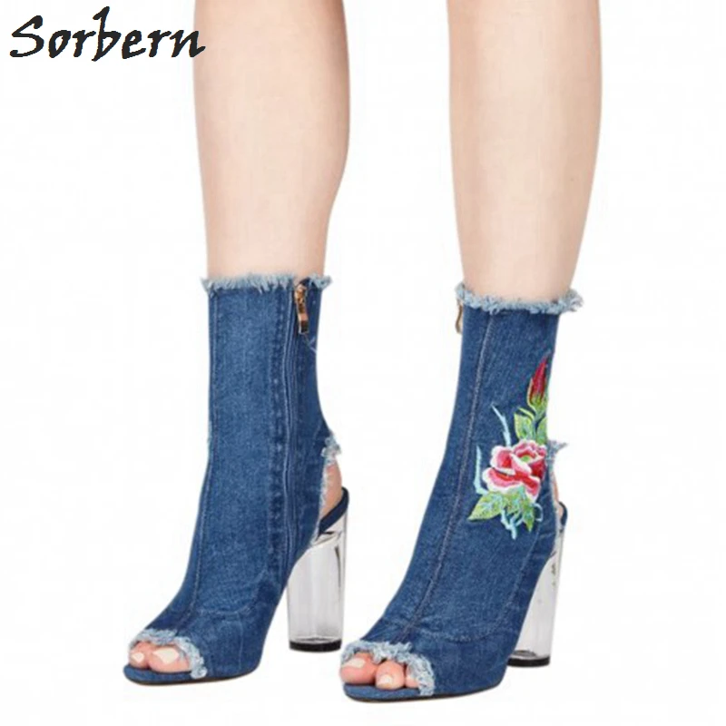 Sorbern Denim Embroidery Ankle Boots Transparent Clear Heels Women Boots Peep Toe High Heels Botas Women Made-to-order