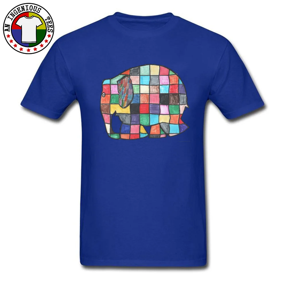 Men's Funny Tops Shirt O Neck Summer/Autumn 100% Cotton T Shirt Casual Short Sleeve Elmer elephant patchwork Tops T Shirt Elmer elephant patchwork blue