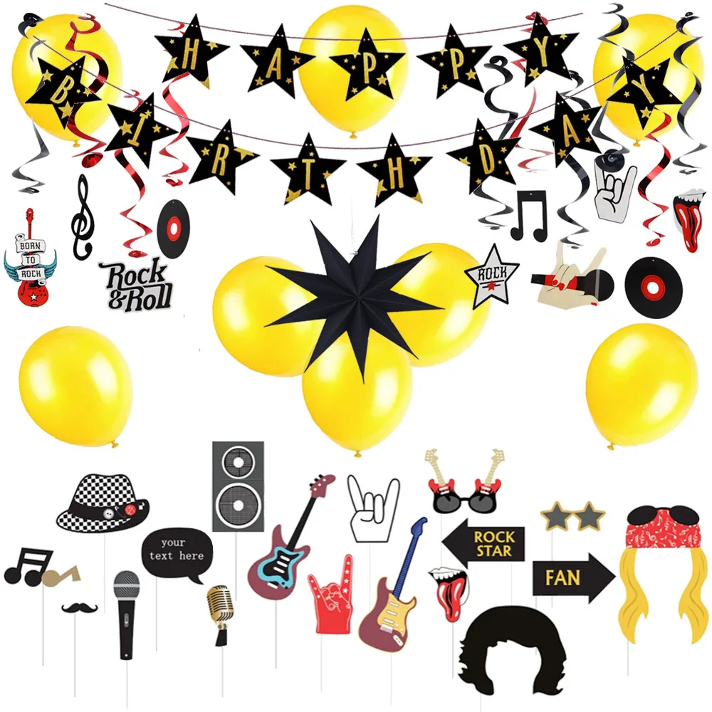 Rock Theme Birthday Party Decoration Kit Rock n' Roll Photo Booth Prop Swirl Hanging Balloons