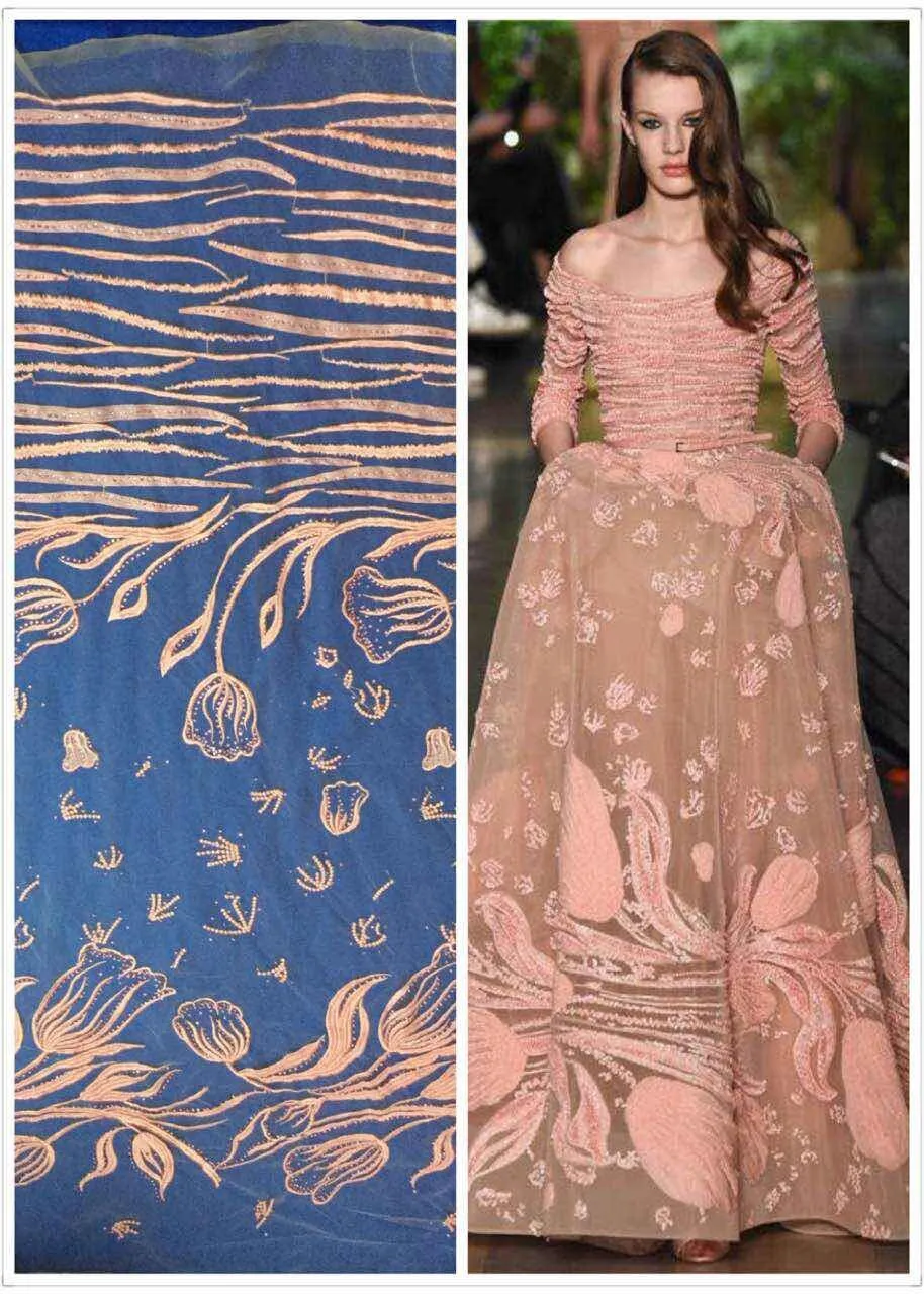 

Embroidered African Peach Lace Fabric High Quality nigeria lace cord lace french tulle net lace for wedding dress