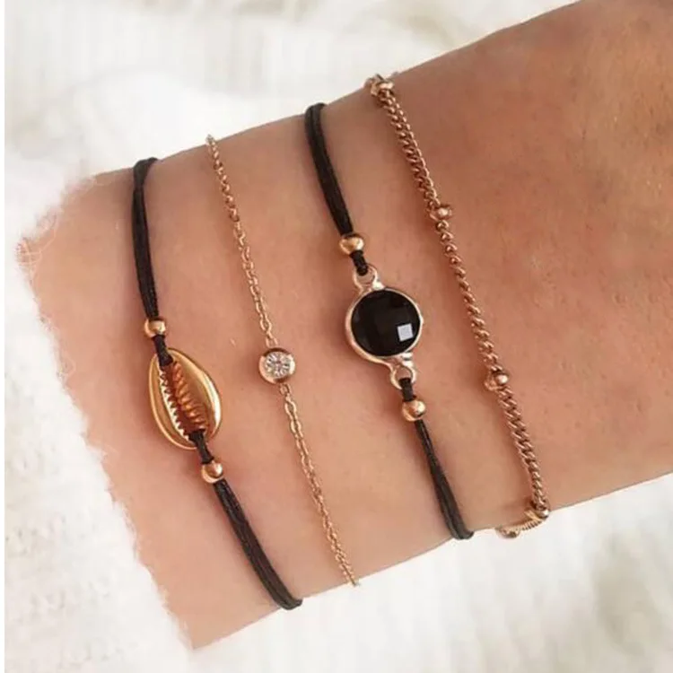 

4 Pcs/set Shell Bracelet Black Beads Bracelet Metal Chain 2019 Fashion Vintage Wedding Bride Celebrate Golden Shell Jewelry