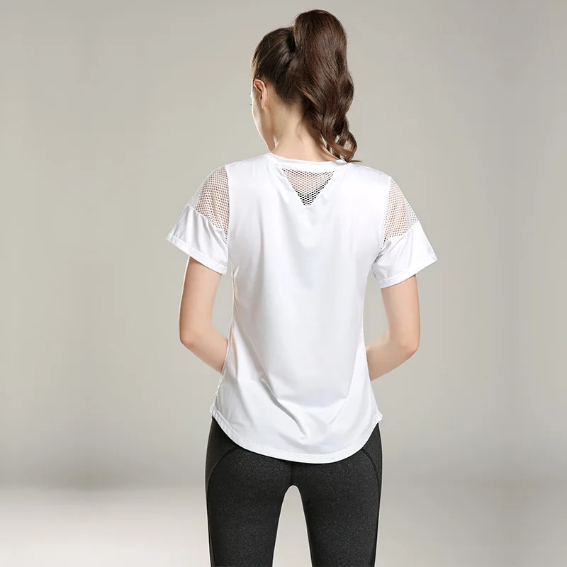 Eshtanga, женская футболка с коротким рукавом, эластичная, для йоги, сетчатая, Спортивная футболка, для фитнеса, женская, для спортзала, для бега, черные топы, футболка