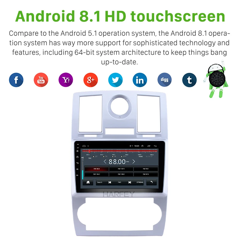 Harfey 9 inch HD Touchscreen Radio for Chrysler Aspen 300C 2004 2005-2008 Android 8.1 Car Stereo Bl