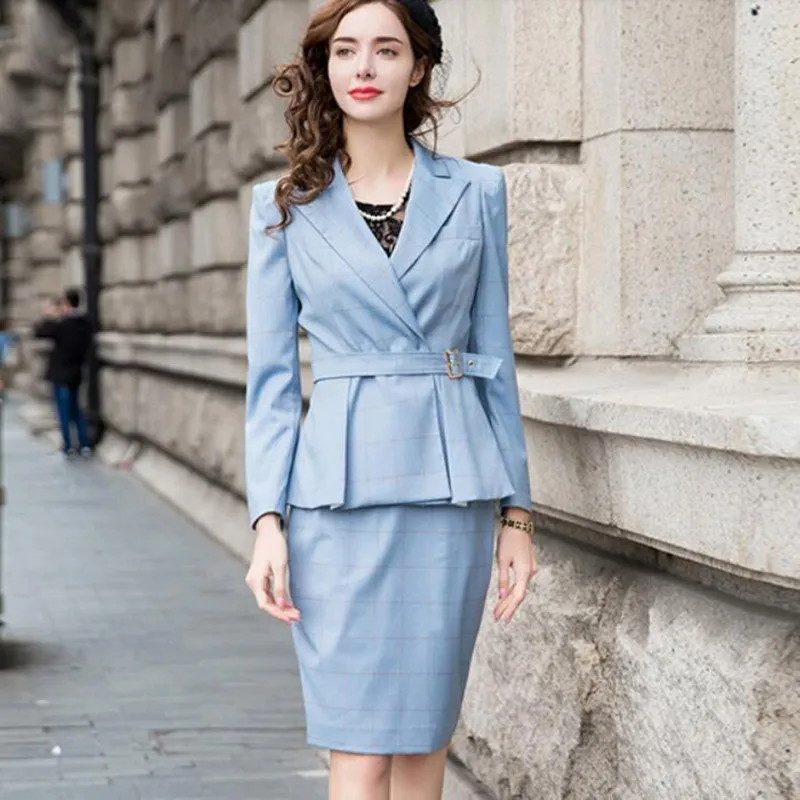 Skirt Suits For Women 2019 Autumn Winter Plaid Long Sleeve Blazer Top Skirt Two Piece Office Lady Business Work Female Uniform