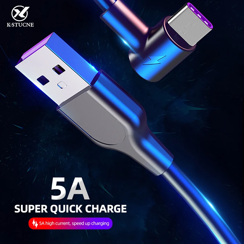 

5A USB Type C Cable For Huawei P30 P20 Pro Super Charge Cable Elbow USB Type-C Cable For Xiaomi 6 8 Supercharge Data Sync Cable