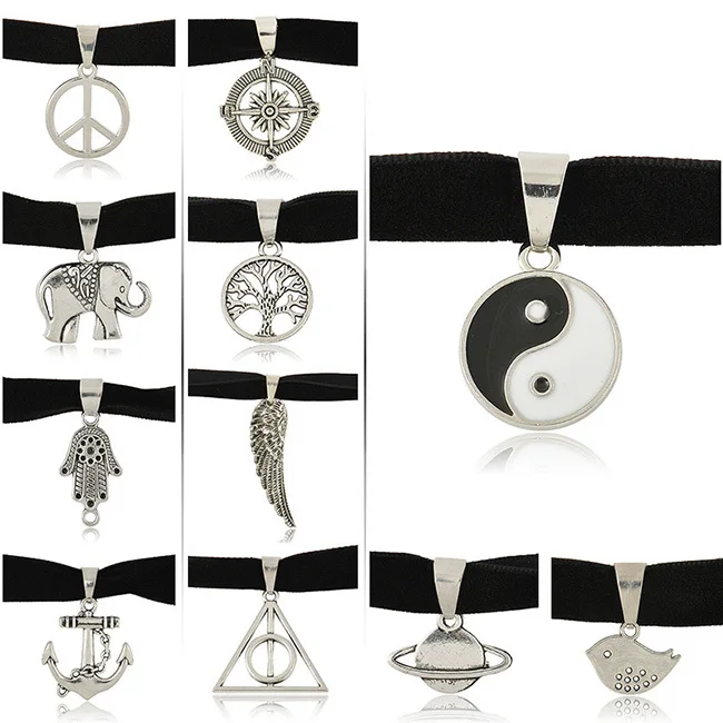 

2015 Hot Women Men Fashion Vintage Anchor/Bergamot/Bird/Peace Pendent Necklaces Black Ribbon Chain P1077