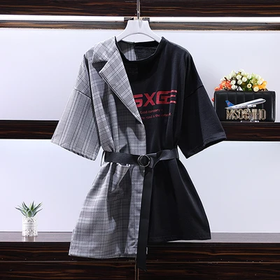 

New 2019 Casual Blazer Patchwork Tshirt Dress Women Elegant Notched Collar Plaid Office Work Mini Short Loose Dress Big Size 5XL