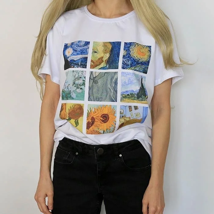 Billig Kuakuayu HJN Van Gogh Monet Alphonse Mucha Hokusai Kunst Druck T shirt Sommer Mode Unisex Top Kurzarm Baumwolle Frauen T shirt