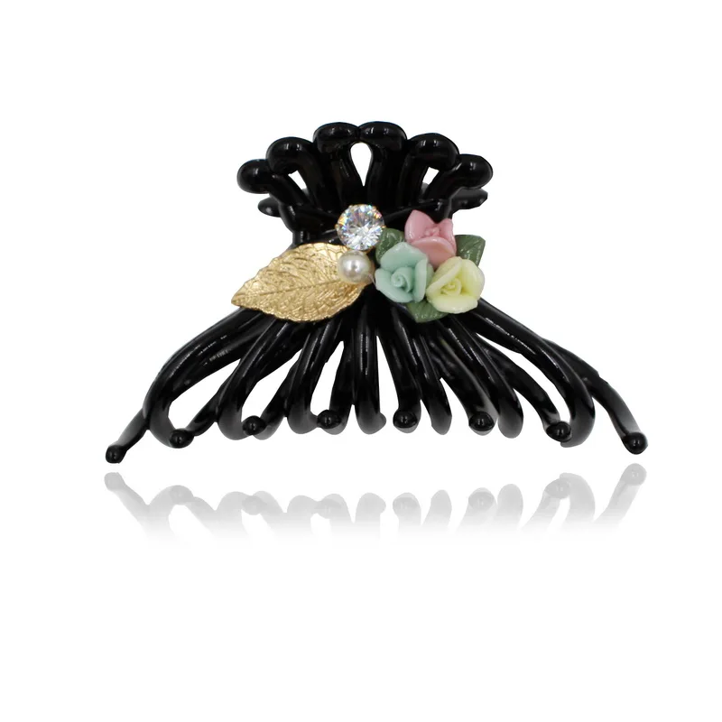 

Claw Folder Inlaid Pearl Rhinestone And Clay Flower Alloy Plastic Black Claw Clip Hair Clamp For Women Claws Hair Accessory