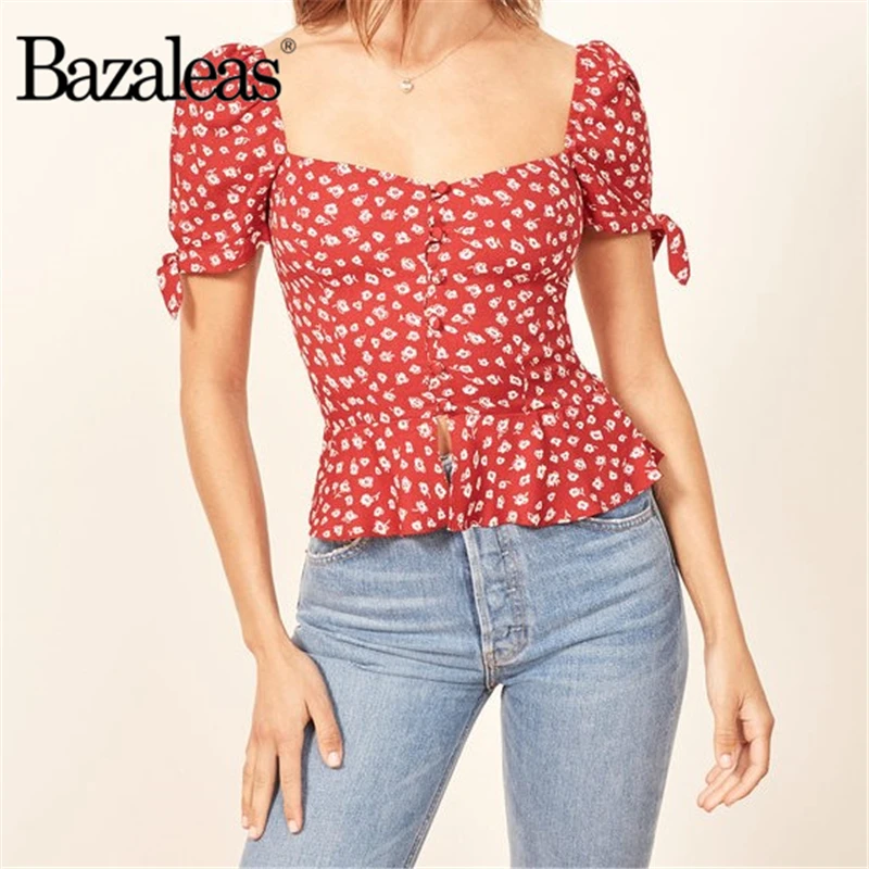 Bazaleas 2019 маленький цветочный узор для женщин blusa feminina Красный Блузка квадратный воротник оборками Топы корректирующие центральные значки