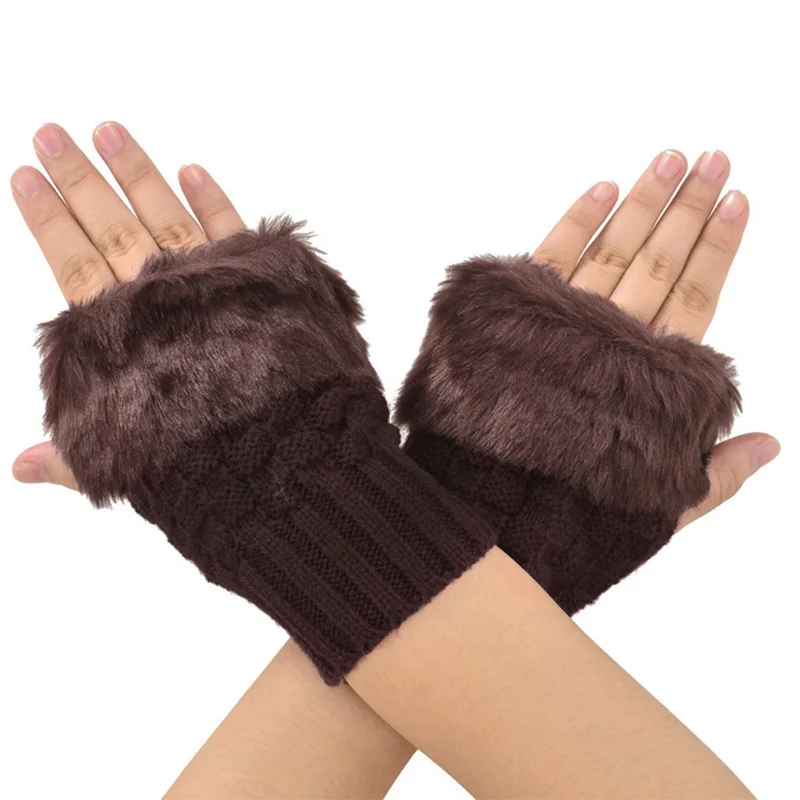 Модные зимние женские перчатки, плюшевые вязаные шерстяные перчатки из искусственного меха, сохраняющие тепло, Короткие перчатки без пальцев для девушек и женщин IK88 - Цвет: coffee