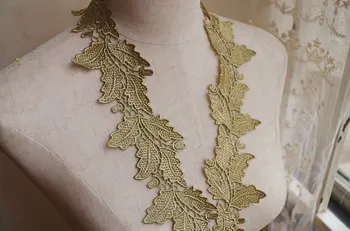 

metalic Gold Lace Trim, gold crochet lace trim with floral leaves, golden venise lace trim, 10 yards