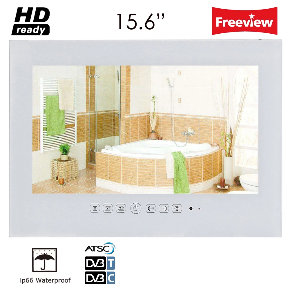 

Souria 15.6 inch IP66 Black Bathroom LED TV White Waterproof LED IP66 Frameless TV for Hotel, Kitchen