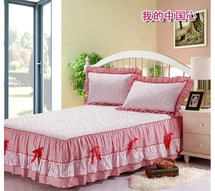 Полный Король Queen twin100 % хлопок двойной слой кружева Bedskirt красное сердце корейский