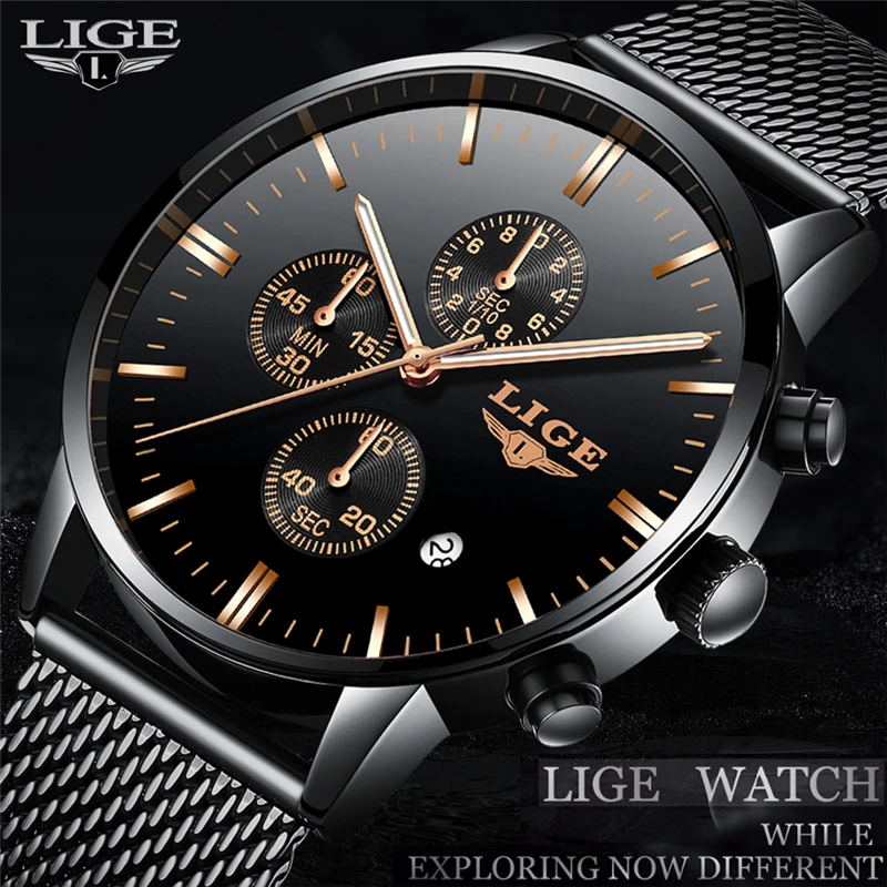

LIGE Mens Watches Top Brand Luxury Men's Casual Sport Watch Men's Stainless steel Mesh Belt Waterproof Quartz Watch Reloj Hombre