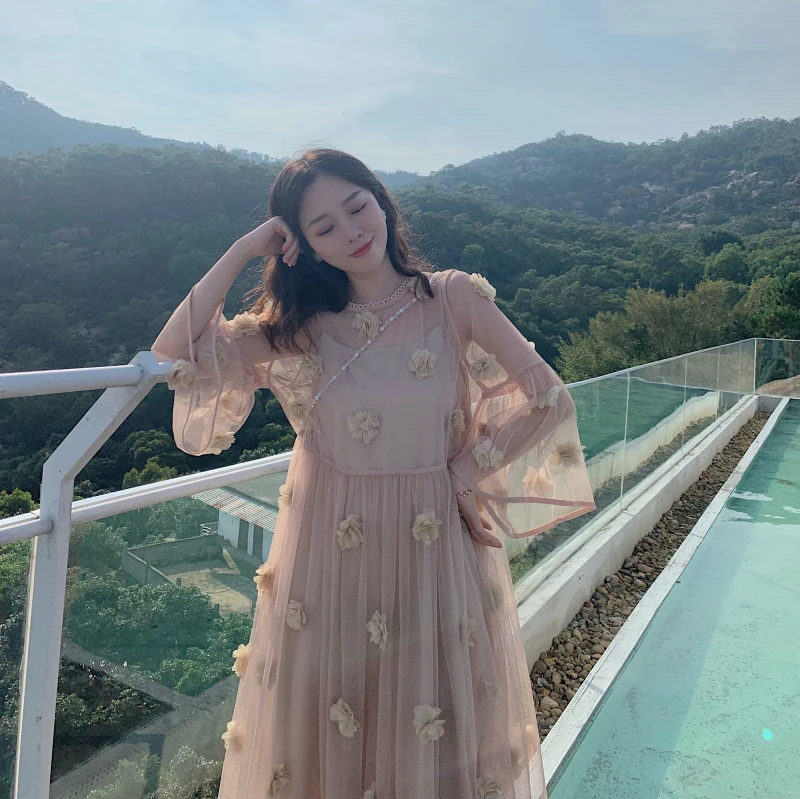 Ulzzang корейское милое модное богемное платье с цветочной аппликацией для отдыха Лето Элегантное макси свободное Сетчатое ТРАПЕЦИЕВИДНОЕ ПЛАТЬЕ Vestidos
