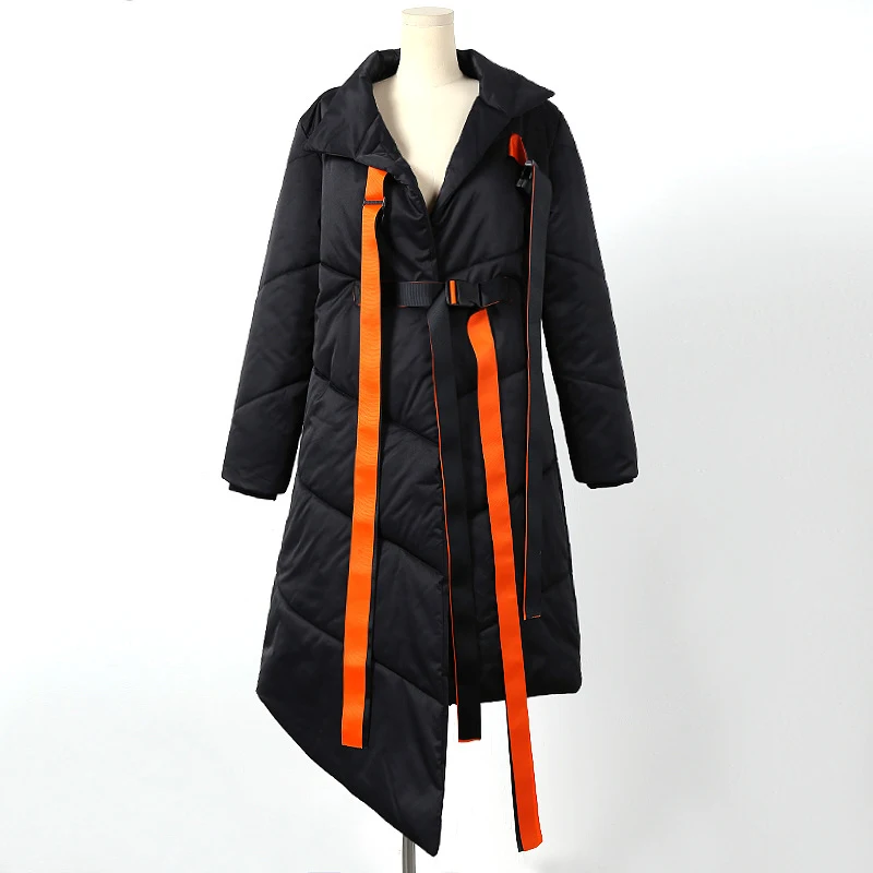 Длинное Утепленное зимнее пальто, женская куртка со стоячим воротником, на шнуровке, теплое зимнее женское пальто, асметричная хлопковая стеганая верхняя одежда для женщин