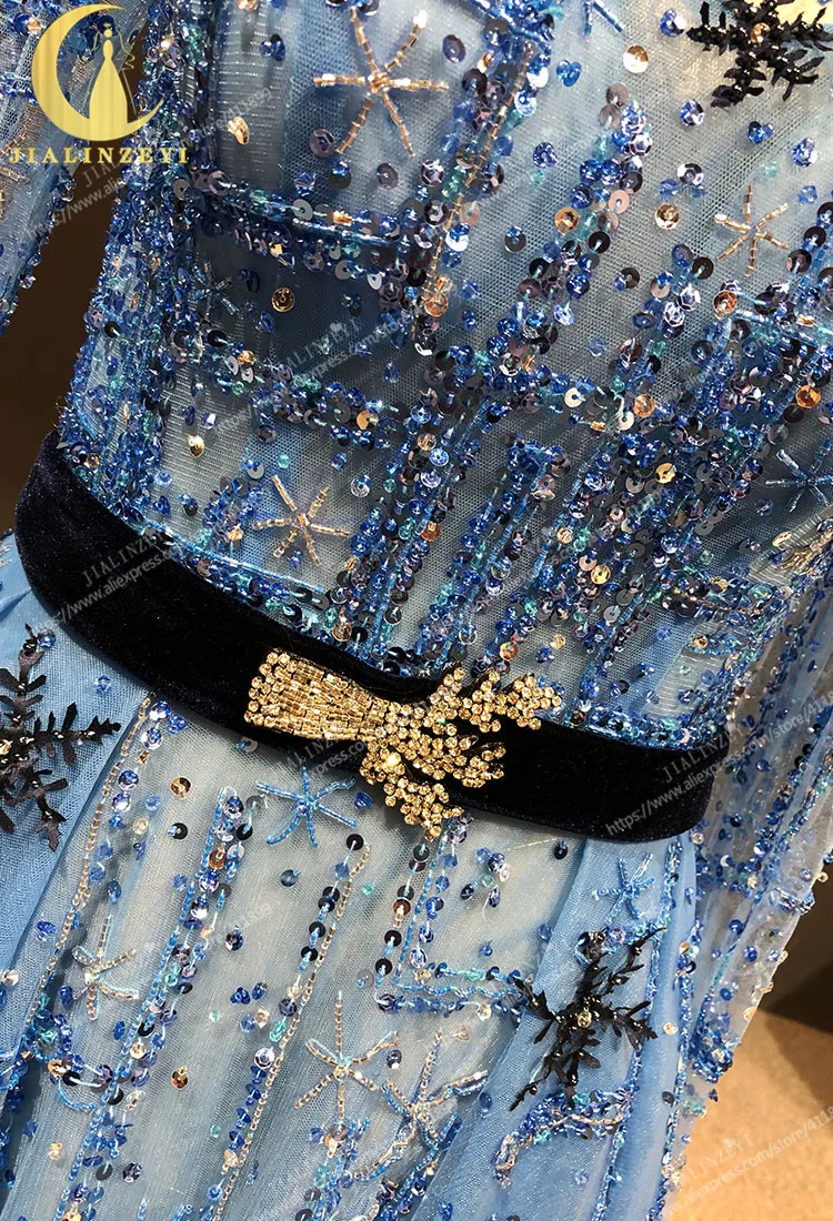 JIALINZEYI реальное изображение одежда с длинным рукавом бусины хрустальные снежинки Синий Роскошный Праздничное платье Формальные вечерние платье вечерние платья