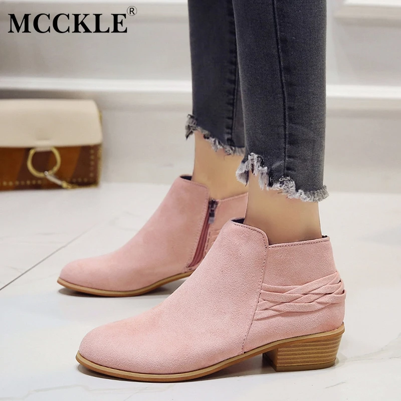 

MCCKLE Plus Size Women Casual Platform Block Heel Ankle Boots Autumn Female Suede Zipper Weaving Low Heels Vintage Shoes Leisure