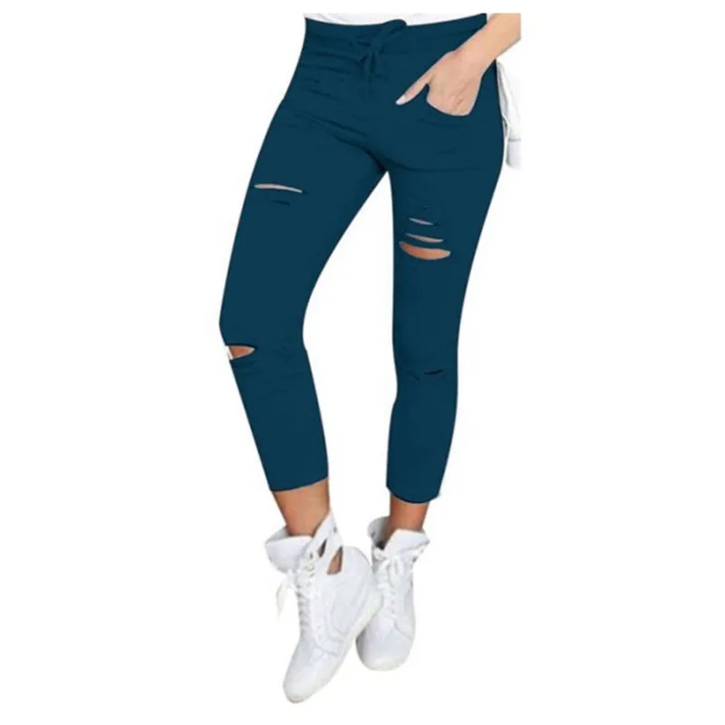 Для женщин обтягивающие джинсы джинсовые брюки с дырками на коленях узкие брюки повседневные штаны черный, белый цвет рваные, Стретч джинсы