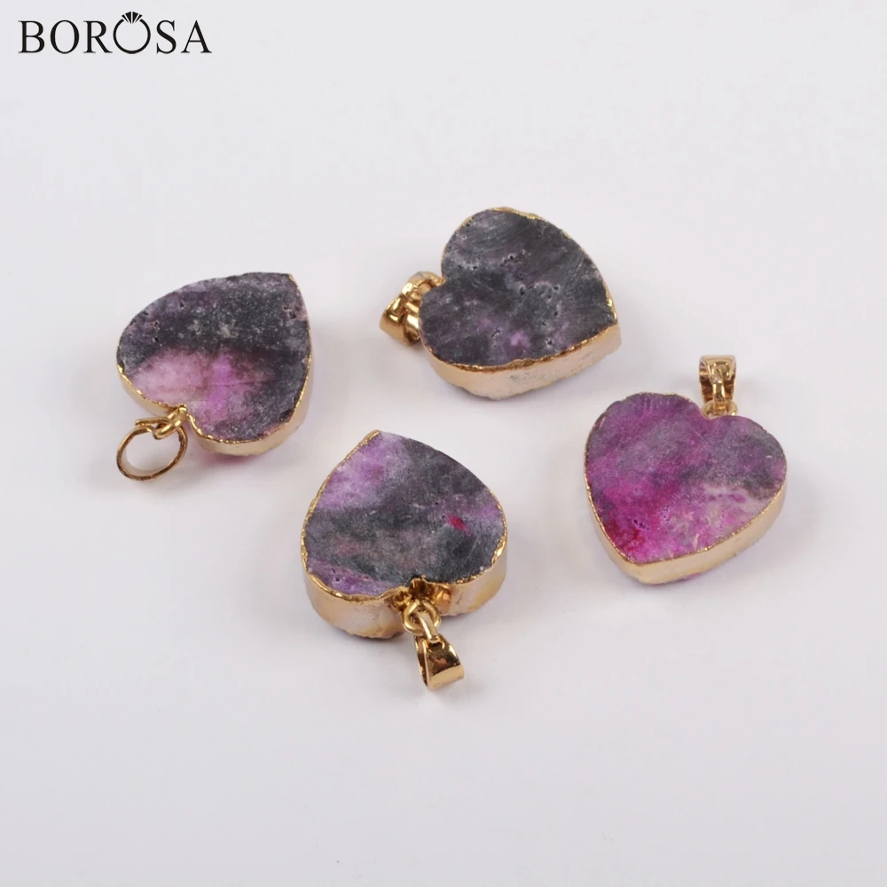 BOROSA, 10 шт., опт, сердце, позолота, натуральный Агаты, титан, розовая фиолетовая Друза, подвеска, AB покрытие, Drusy, подвеска для ожерелья G1829