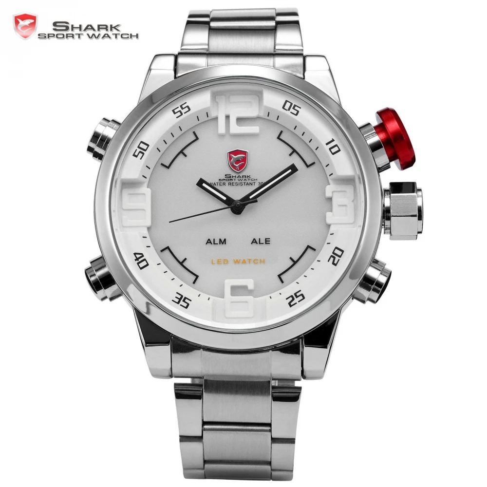 Prix pour SHARK Sport Montre En Acier Inoxydable Complet LED Dual Time Analogique Digital Date Jour Affichage Alarme Hommes Militaire Relogio Montre/SH104 Prix pour SHARK Sport Montre En Acier Inoxydable Complet LED Dual Time Analogique Digital Date Jour Affichage Alarme Hommes Militaire Relogio Montre/SH104