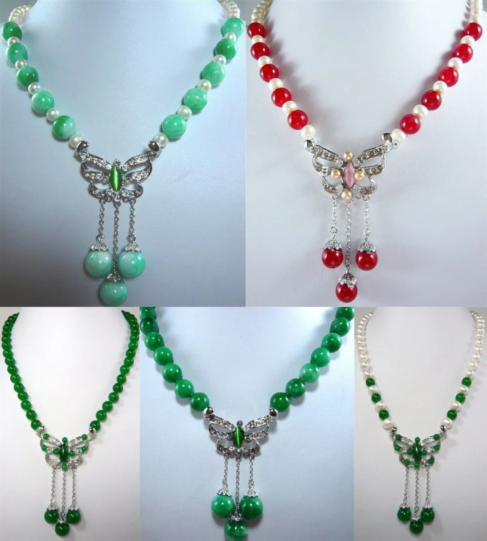 

FREE SHIPPING5 color-fine green/red jade/white pearl necklace & jade/shell pendant (A0501)