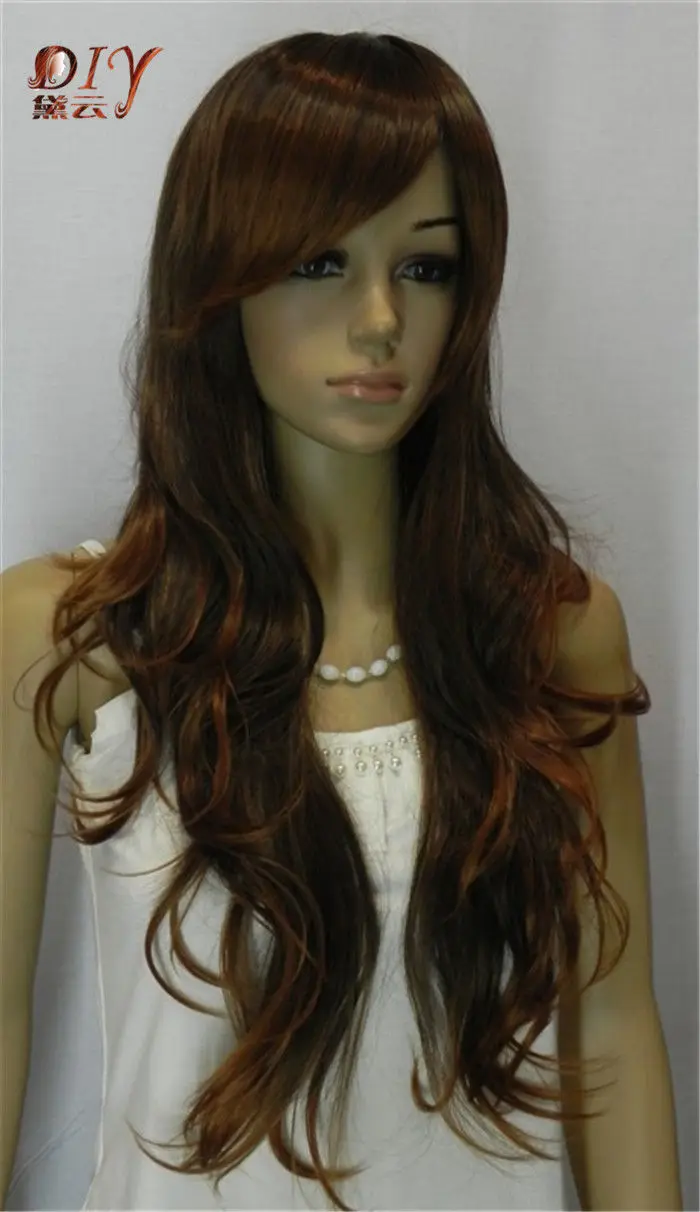

shun wig.02616 Fastshipping Charming Women Dark Brown Wavy Kanelaon Silk Cosplay Long Hair Full Wig