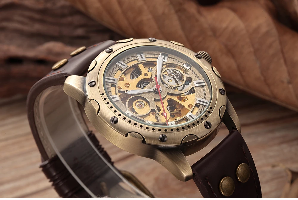 SHENHUA мужские часы античный бронзовый чехол наручные часы стимпанк Скелет Мужские механические часы кожаный ремешок Relogio Masculino