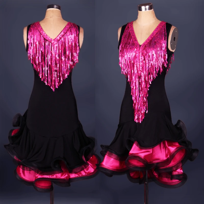 

fuchsia Sexy Ladies Club Party Show Girls Latin Ballroom Dance Vestido Danza Latina Performance Sequin Tassel Dress Salsa