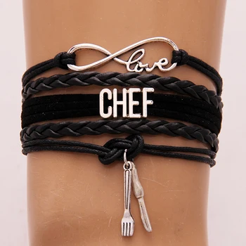 

(10Pcs/Lot)Infinity love Chef Bracelet Knife & Fork Charm braided leather bracelet & bangles wrap rope jewelry for women men