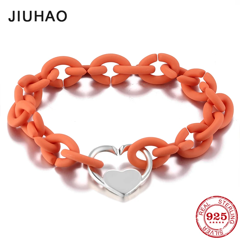

Strand Bracelets Men Orange Hard Rubber 925 Sterling Silver Heart Charms for Women accessories European Jewellery gift