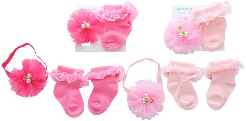 Носки для новорожденных комплект кружевные детские носки горячая Новорожденные Девочки Дети Мягкий Принцесса носок оборками+ повязка на голову новорожденных подарок на день рождения наборы