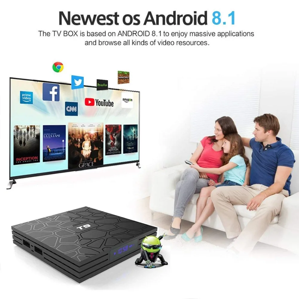2018 Leelbox новейший Android 8 1 tv Box T9 4 ГБ 32 Bluetooth 0 Поддержка 2 ГГц WiFi 4K 3D Ultra HD HDMI H265 Google Netflix