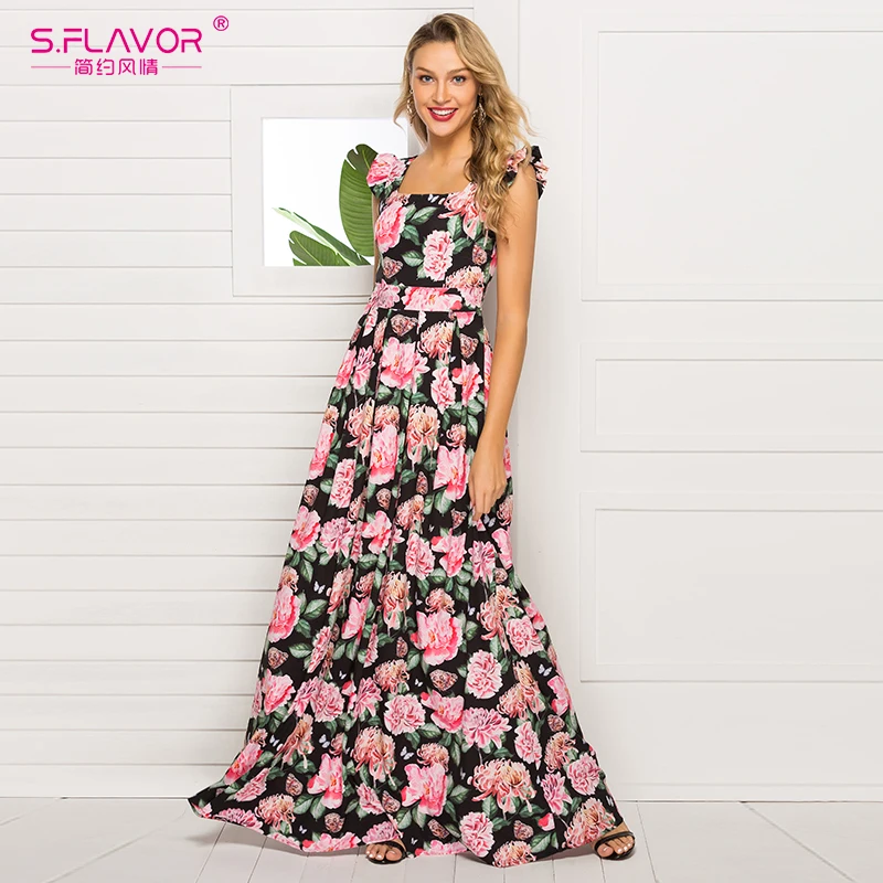 S. FLAVOR богемное длинное платье элегантное женское с квадратным воротником без рукавов Вечерние Платья с цветочным принтом винтажное Макси платье