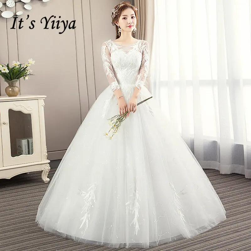 

It's YiiYa Wedding Dresses 2019 Fashion Feathers Embroidery O-neck Floor-length Elegant Bridal Gowns De Novia Casamento AL009