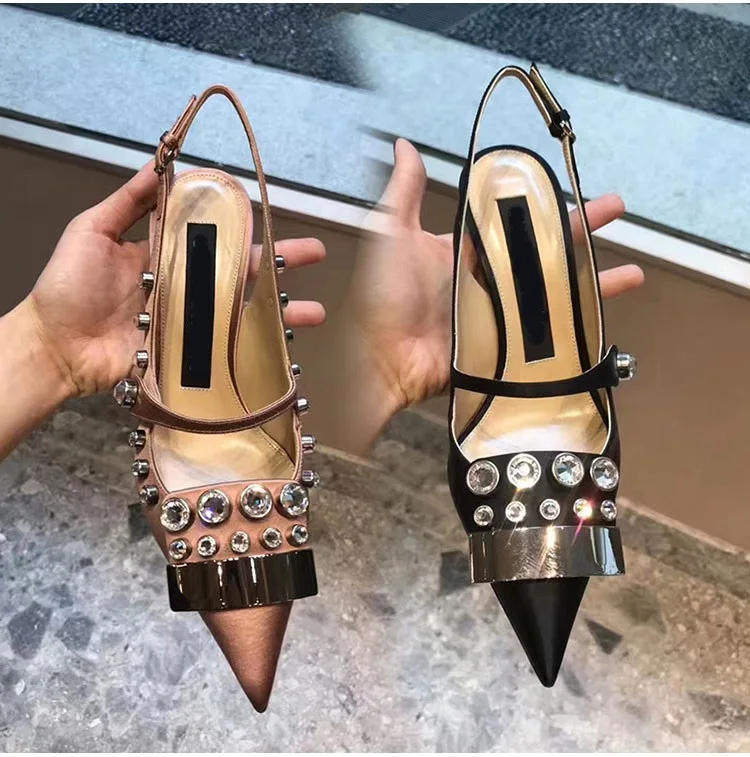 Heel 8 Pointed Lady Silk 99 50Off Release In Crystal Pumps Shoe Close Thin High Sandal New Metal Decoratation Cm Us69 Single Toe 5 women TK3cFl1J