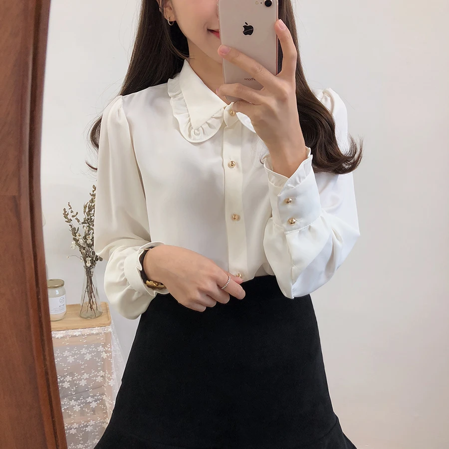 sexy blouses for women Bow Shirts Woman Long Sleeve Button Chiffon Blouse Women 2020 New Embroidery Blouses Butterfly Sleeve Casual White Shirt Femme black long sleeve top