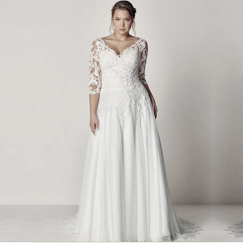 Elegant Tulle V Neck Neckline A Line Plus Size Wedding Dress With