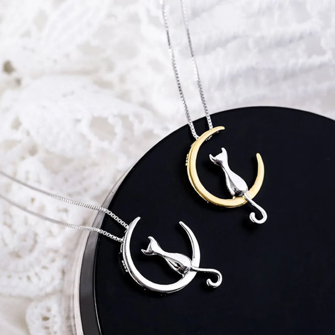 Fashion Cat Moon Pendant Necklace Charm Silver Gold Color Link Chain Necklace For Pet Lucky Jewelry For Women Gift Shellhard