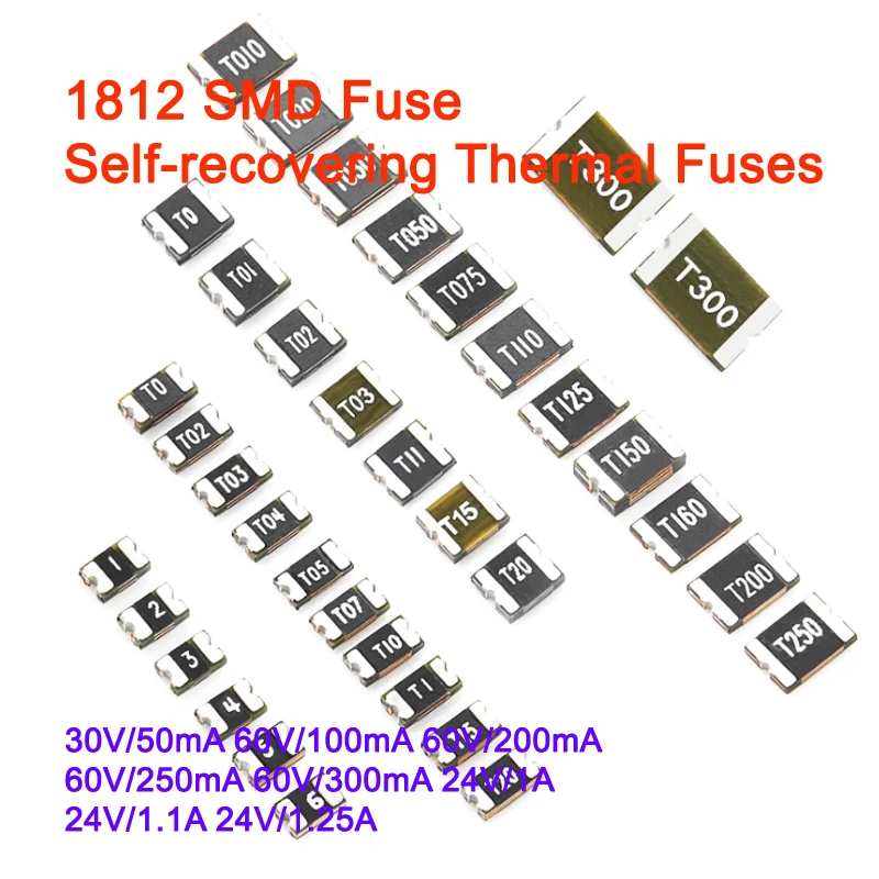 

20pcs 1812 SMD Fuse Self-recovering Thermal Fuses 30V/50mA 60V/100mA 60V/200mA 60V/250mA 60V/300mA 24V/1A 24V/1.1A 24V/1.25A