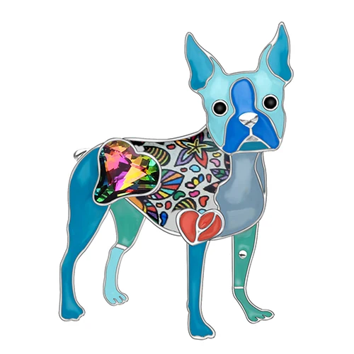 Bonsny Эмаль Сплав Кристалл Стразы Бостонский терьер броши в форме собаки булавки ювелирные изделия для женщин девочек подарок шарф украшения - Metal color: Blue