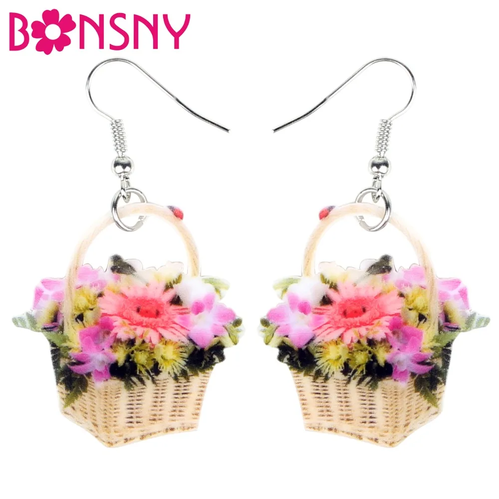 

Bonsny Acrylic Statement Basket Of Pink Chrysanthemum Flower Earrings Drop Dangle Elegant Plant Jewelry For Women Girls Kid Gift
