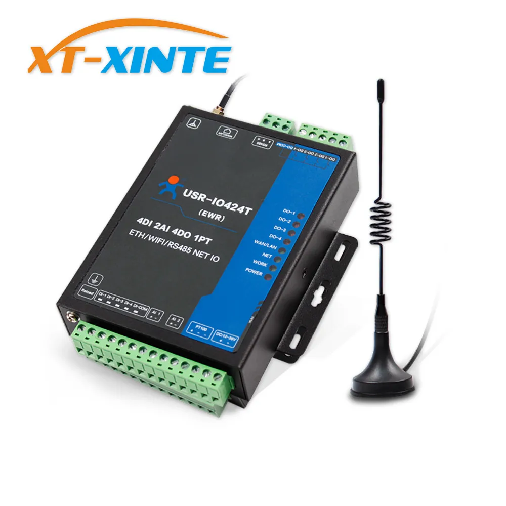 

USR-IO424T-EWR 4-Way 4 Channel WIFI and Ethernet Network IO Controller Supports 4 DI/4 DO/2AI/1PT/ RS485 Port Master Slave Mode